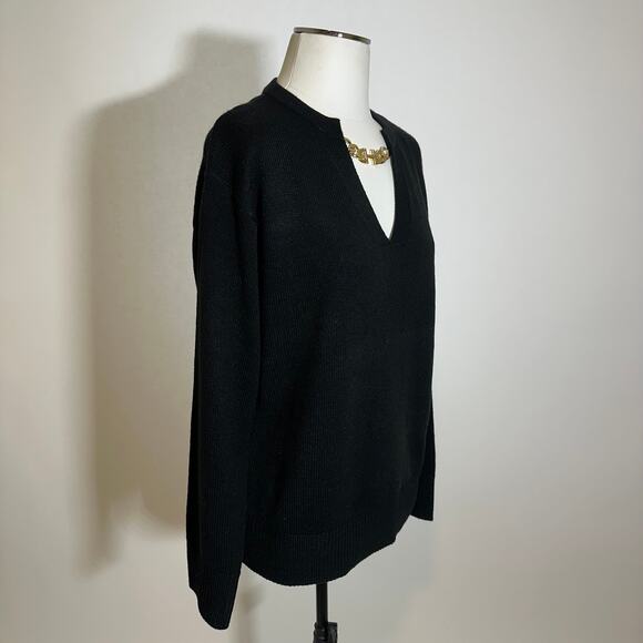 Halston Black Gold Chain Link Keyhole V-Neck Sweater Womens Size Medium M Career - Picture 2 of 10